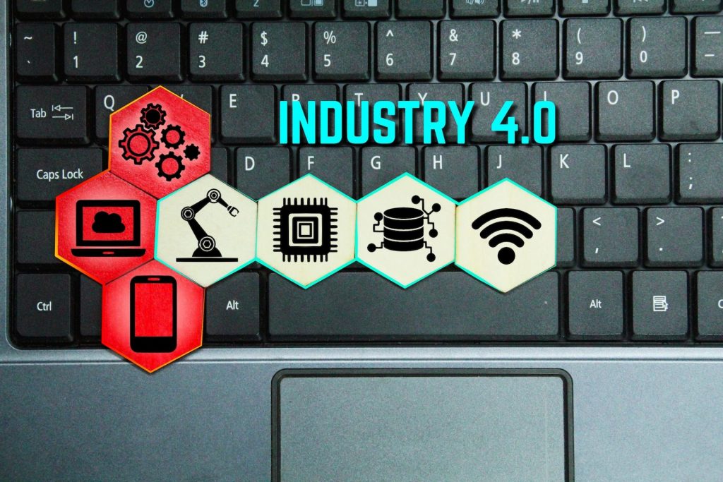 colored hexagons with technology items and the words Industry 4.0. Industry Infographics 4.0.